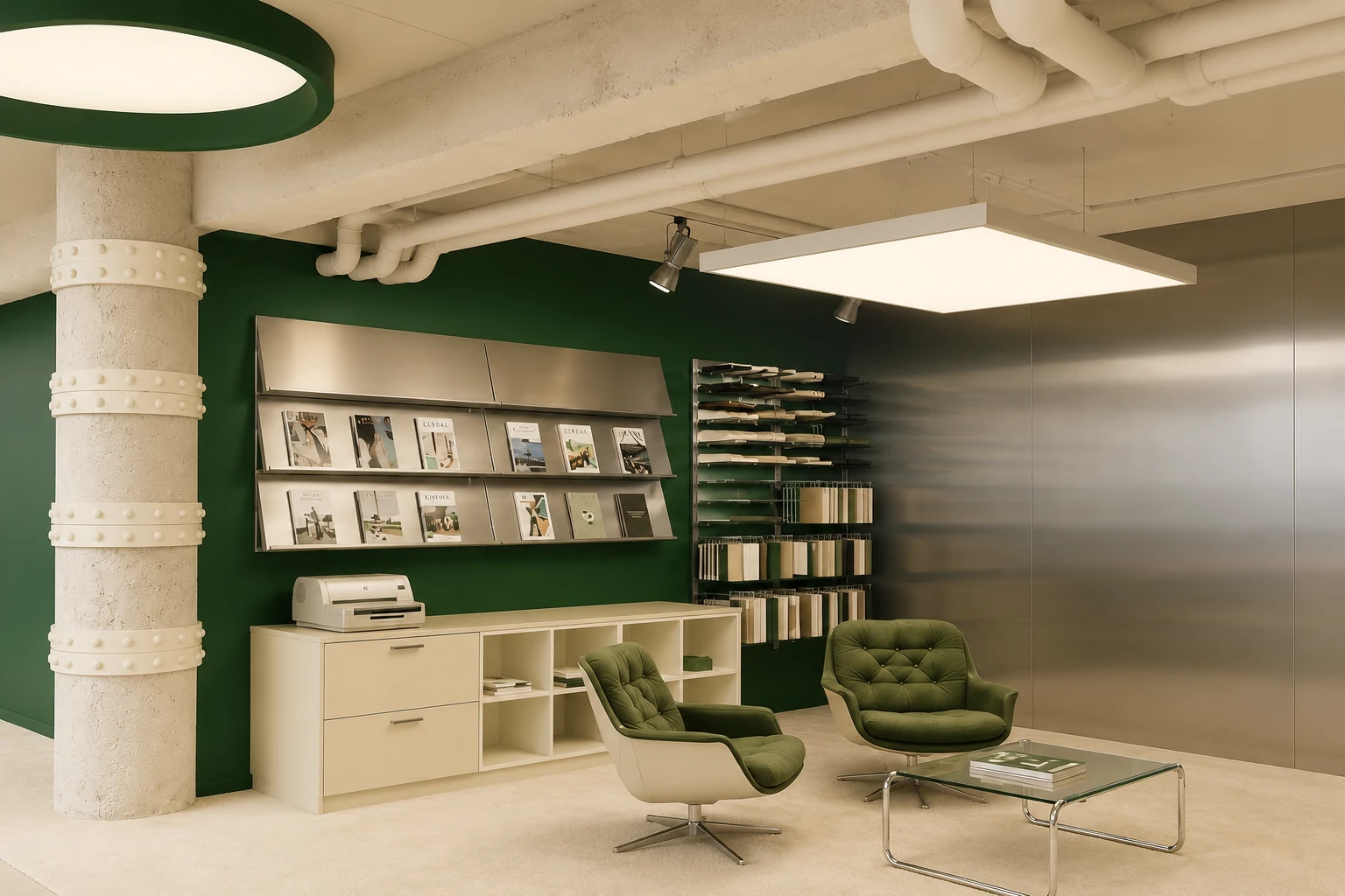 A welcoming workspace in green and ivory