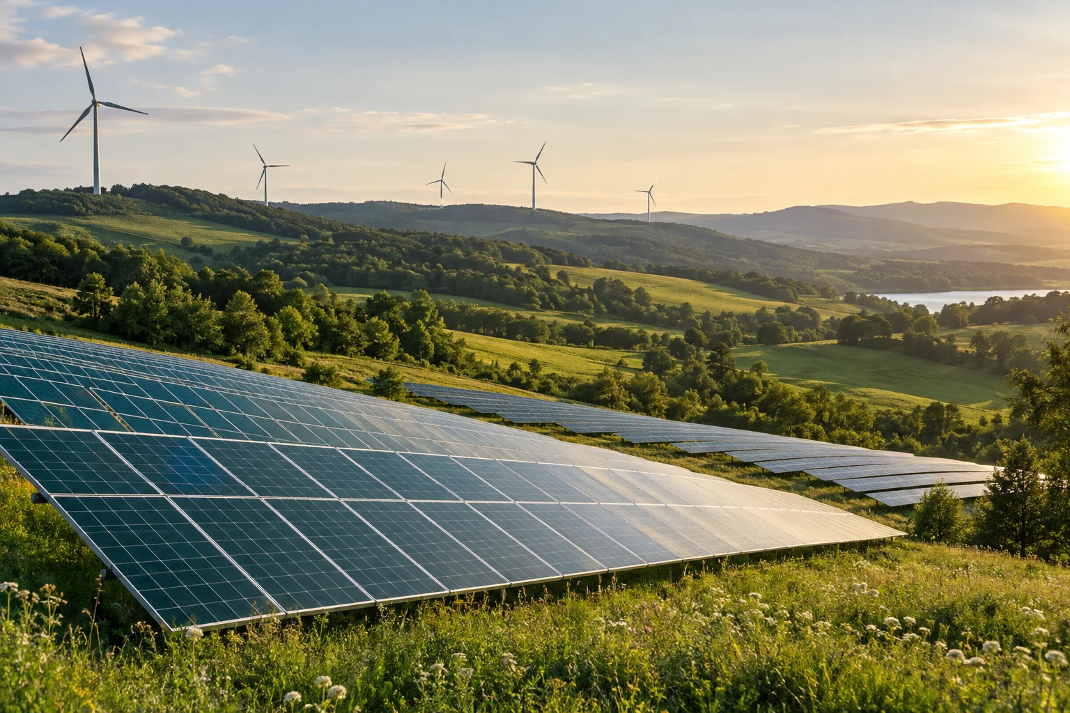 Solar panels and wind turbines in a green landscape