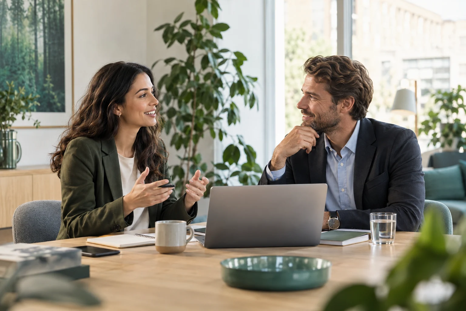 Professionals discussing career opportunities in a bright office