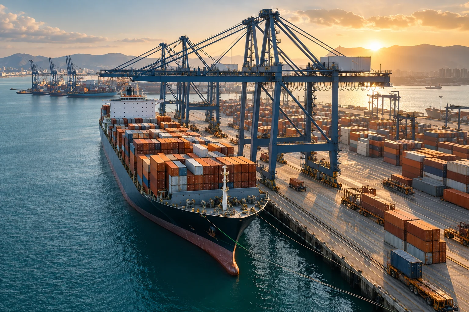 Cargo ship and containers at a commercial port